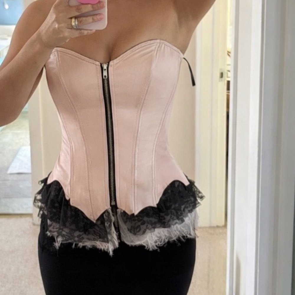 Baby pink Bustier Corset Top with Black Lace Trim